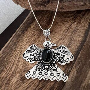 925 Sterling Silver Onyx Gemstone Handmade Eagle Necklace Unisex Jewelry 2.4"